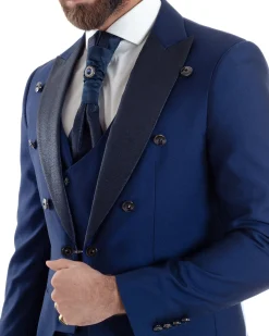 Abito Uomo Monopetto Damascato Vestito 3 Pezzi Completo Panciotto Sposo Plastron Blu AE1131A