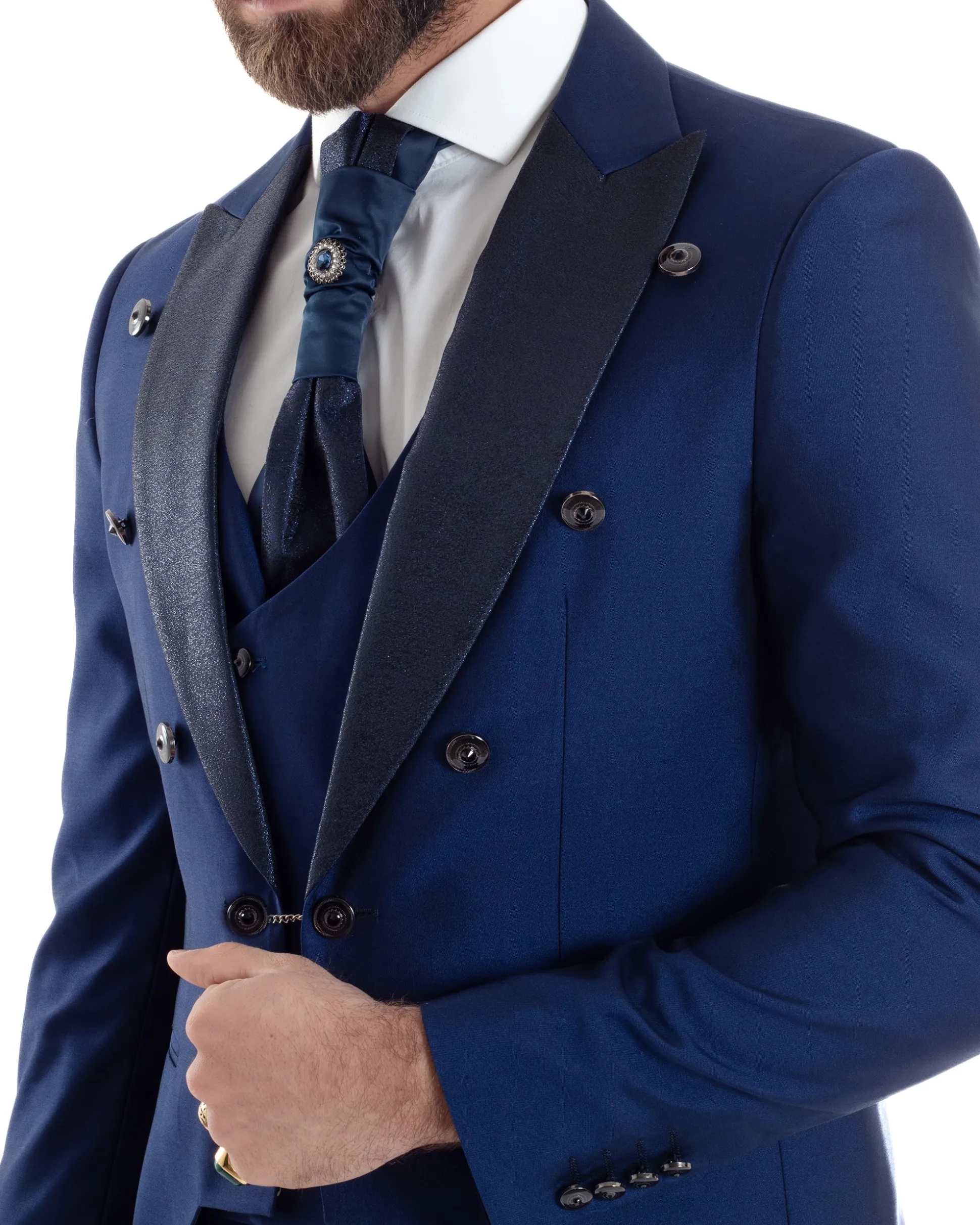 Abito Uomo Monopetto Damascato Vestito 3 Pezzi Completo Panciotto Sposo Plastron Blu AE1131A