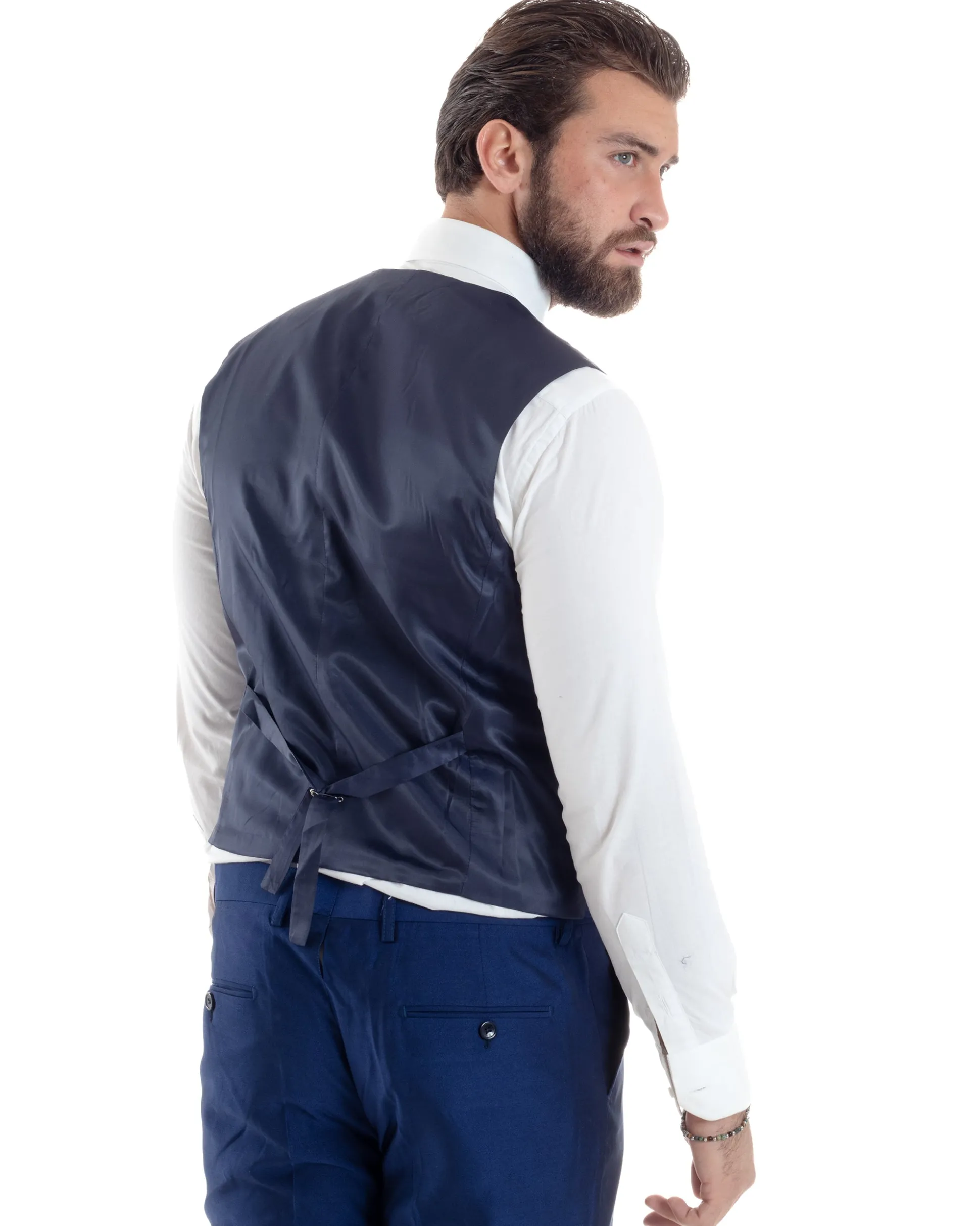 Abito Uomo Monopetto Damascato Vestito 3 Pezzi Completo Panciotto Sposo Plastron Blu AE1131A