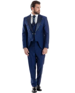 Abito Uomo Monopetto Damascato Vestito 3 Pezzi Completo Panciotto Sposo Plastron Blu AE1131A
