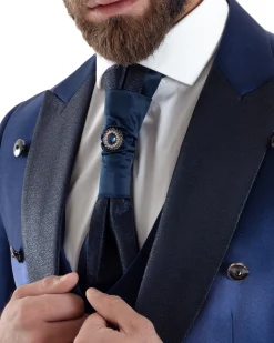 Abito Uomo Monopetto Damascato Vestito 3 Pezzi Completo Panciotto Sposo Plastron Blu AE1131A
