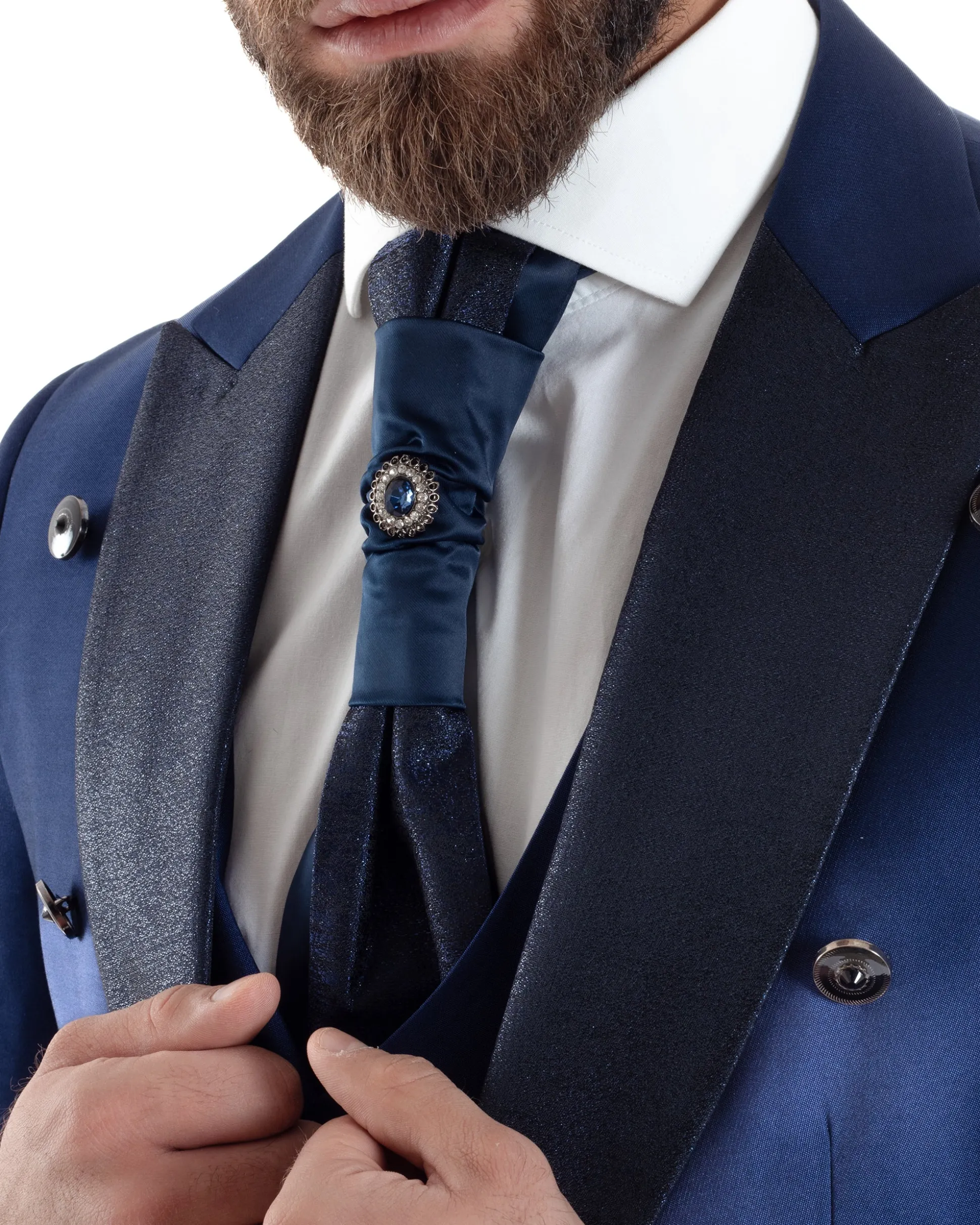 Abito Uomo Monopetto Damascato Vestito 3 Pezzi Completo Panciotto Sposo Plastron Blu AE1131A
