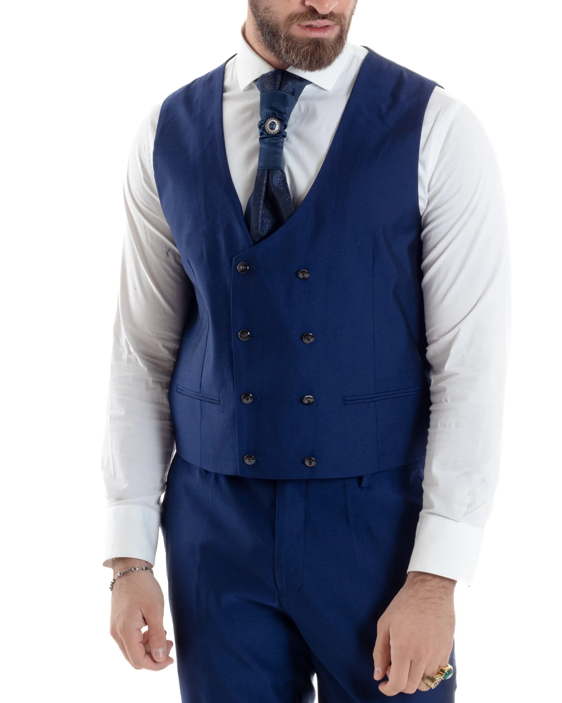 Abito Uomo Monopetto Damascato Vestito 3 Pezzi Completo Panciotto Sposo Plastron Blu AE1131A