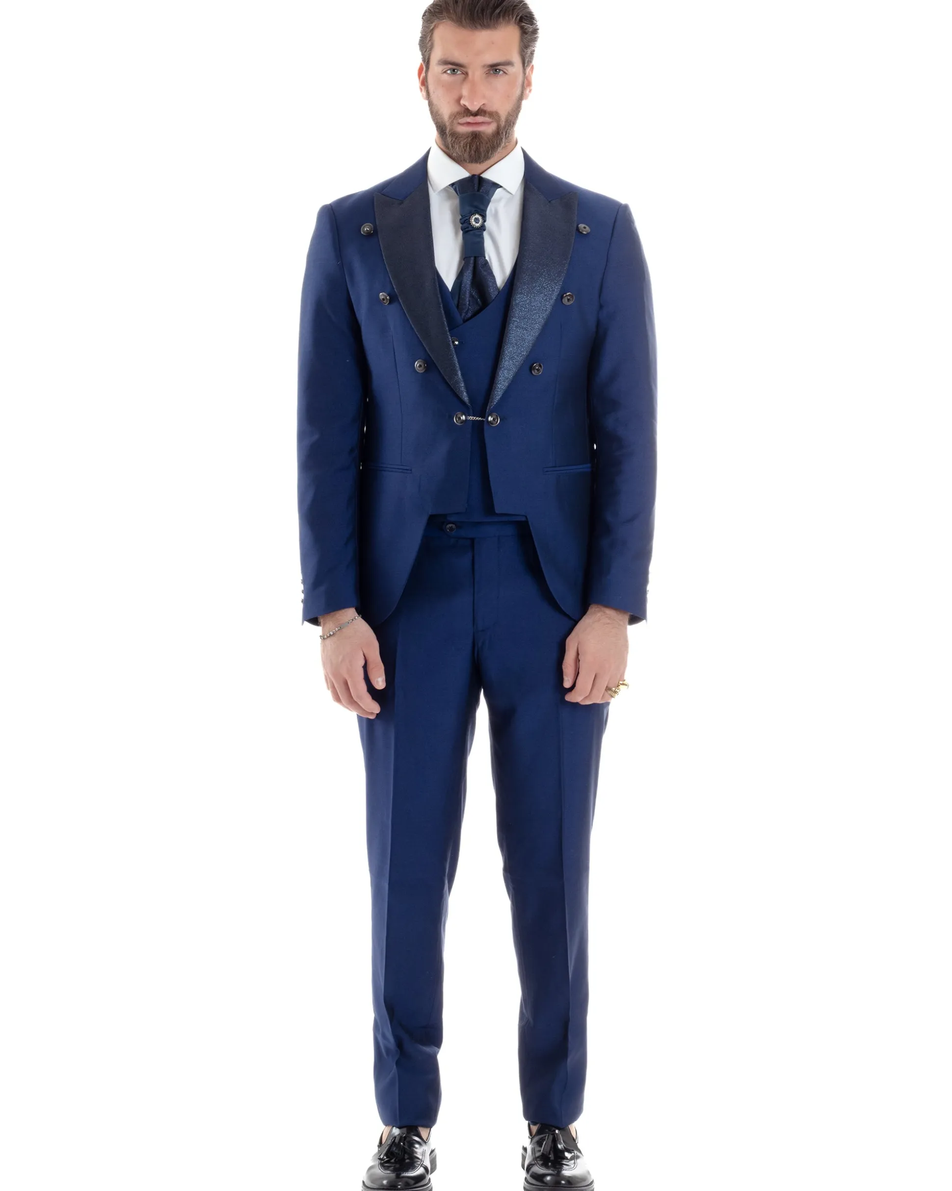 Abito Uomo Monopetto Damascato Vestito 3 Pezzi Completo Panciotto Sposo Plastron Blu AE1131A