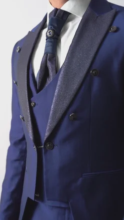 Abito Uomo Monopetto Damascato Vestito 3 Pezzi Completo Panciotto Sposo Plastron Blu AE1131A