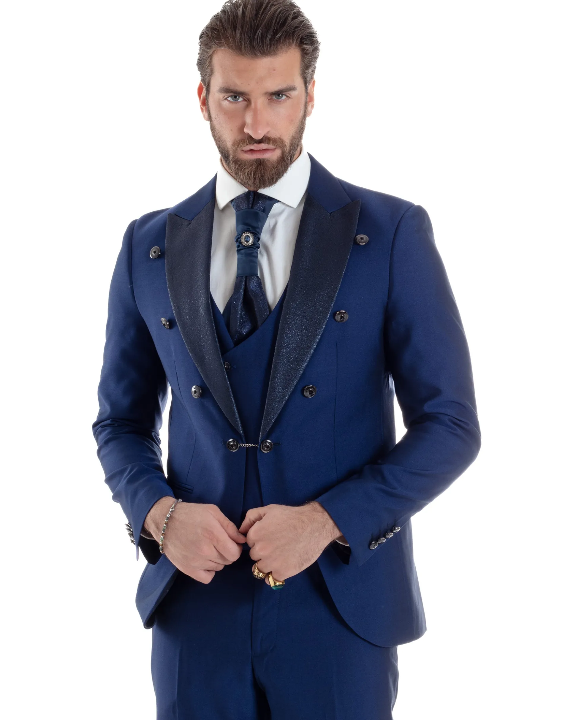 Abito Uomo Monopetto Damascato Vestito 3 Pezzi Completo Panciotto Sposo Plastron Blu AE1131A