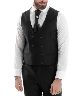 Abito Uomo Monopetto Damascato Vestito 3 Pezzi Completo Panciotto Sposo Plastron Nero AE1130A