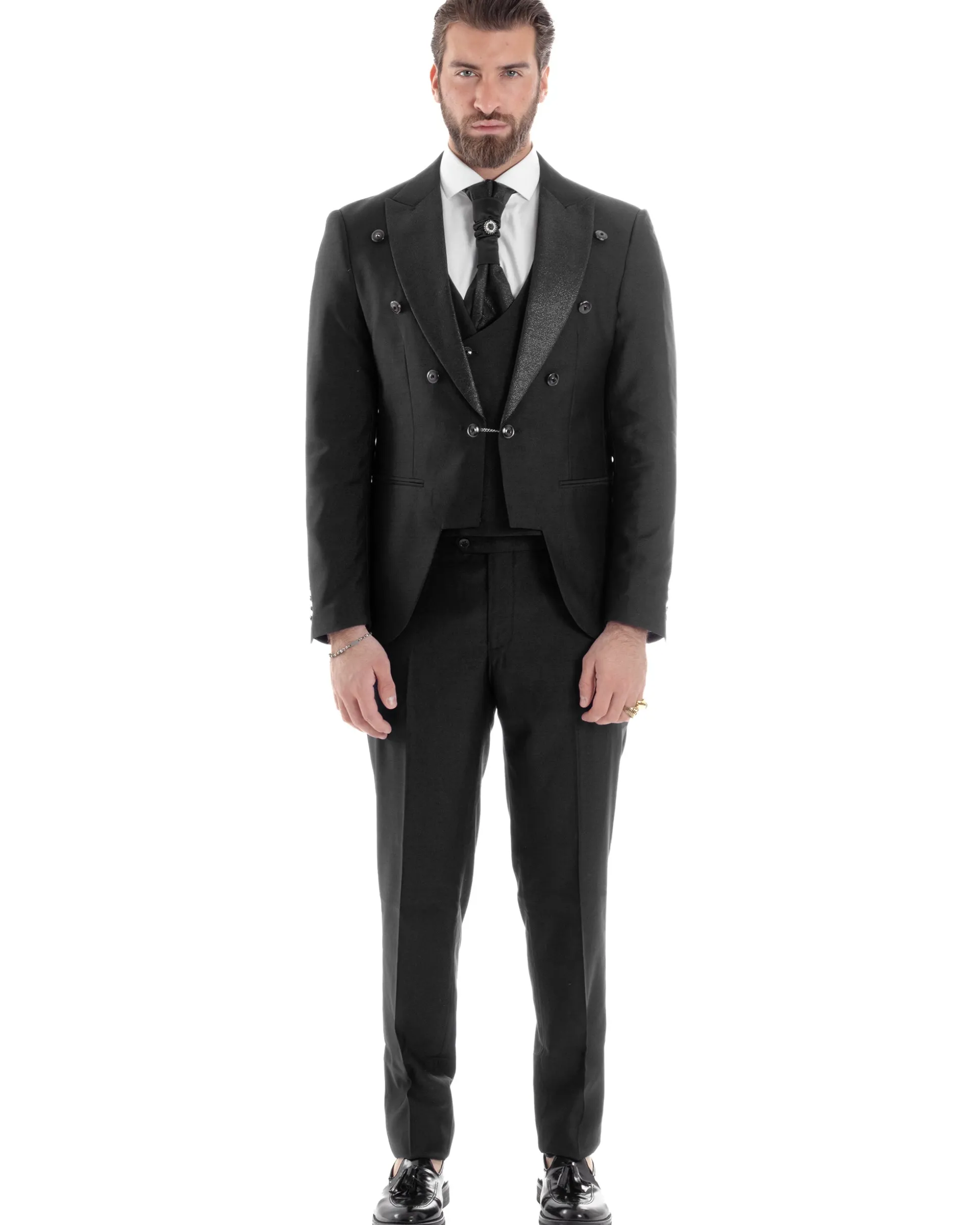 Abito Uomo Monopetto Damascato Vestito 3 Pezzi Completo Panciotto Sposo Plastron Nero AE1130A