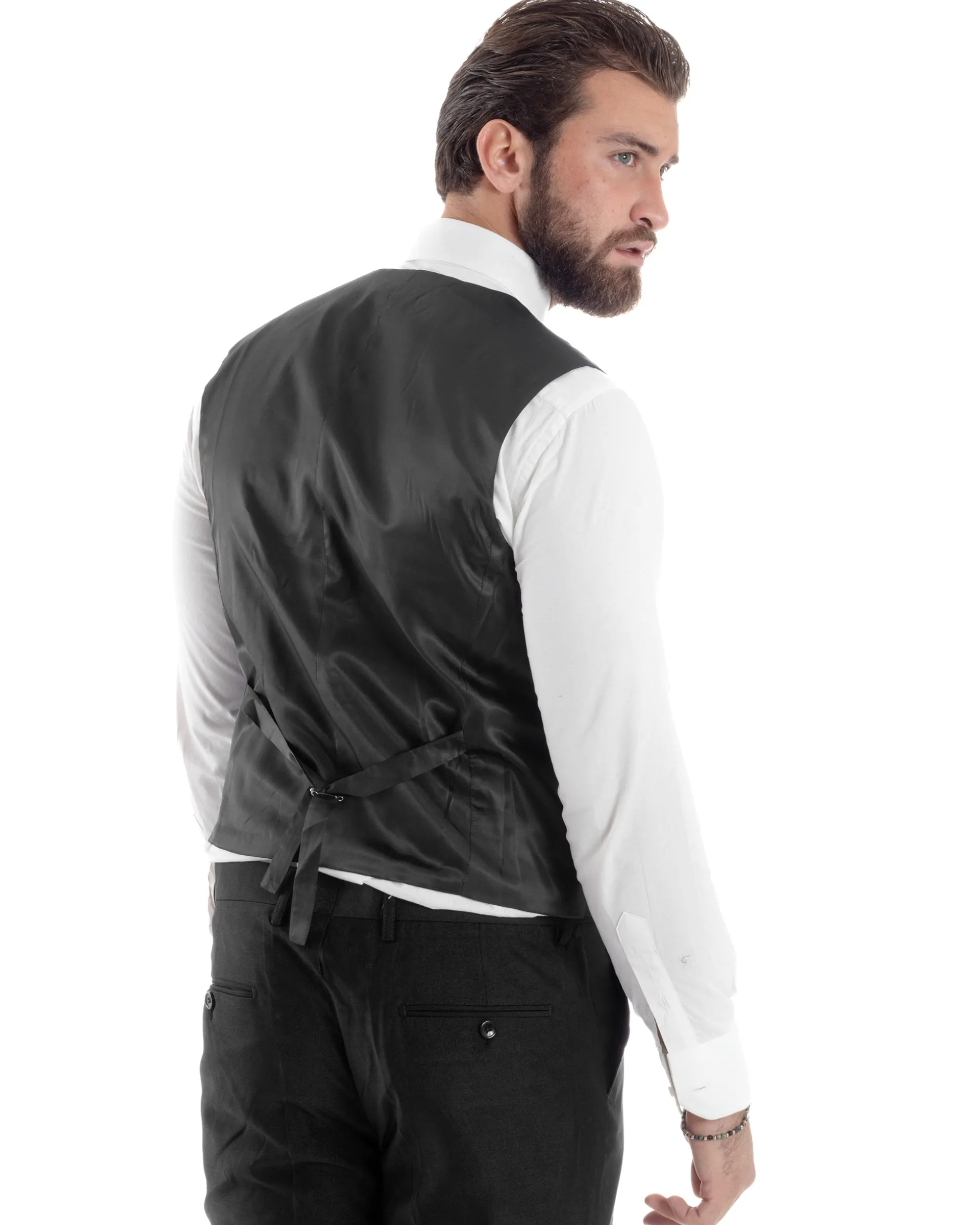 Abito Uomo Monopetto Damascato Vestito 3 Pezzi Completo Panciotto Sposo Plastron Nero AE1130A