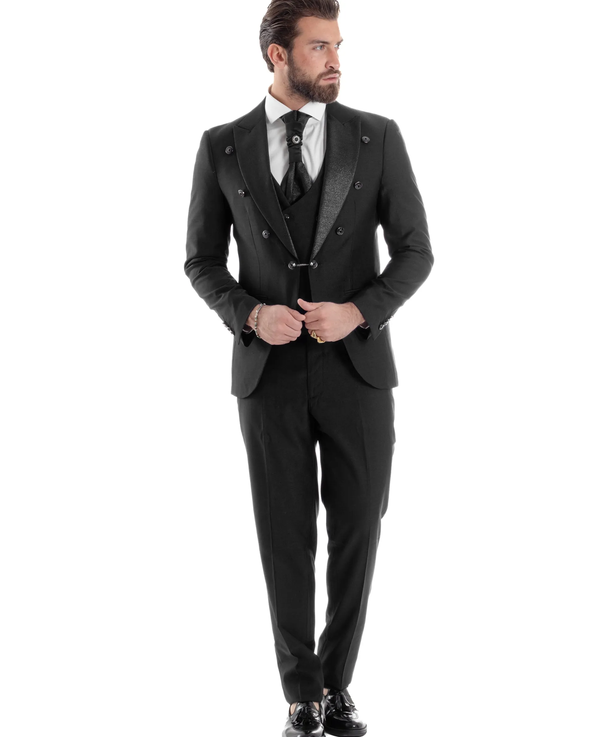 Abito Uomo Monopetto Damascato Vestito 3 Pezzi Completo Panciotto Sposo Plastron Nero AE1130A