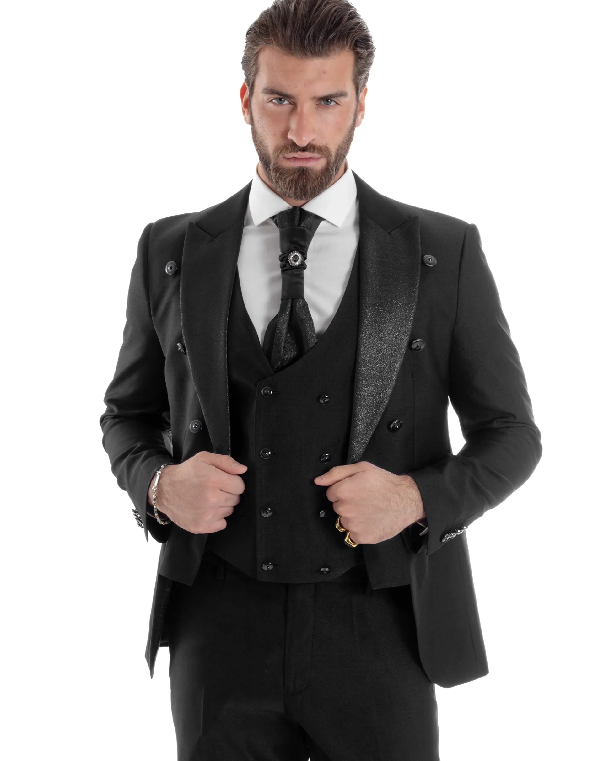 Abito Uomo Monopetto Damascato Vestito 3 Pezzi Completo Panciotto Sposo Plastron Nero AE1130A