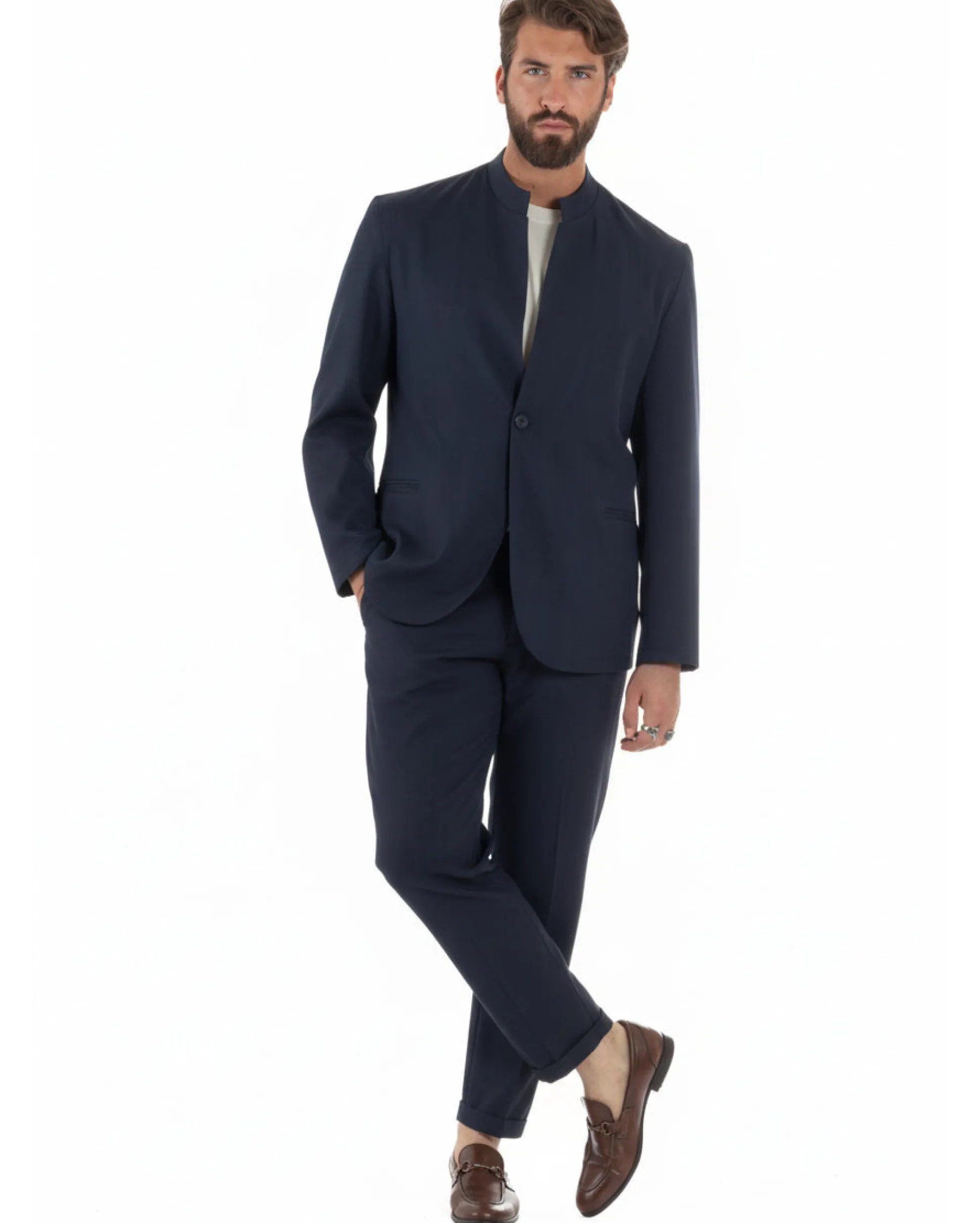 Abito uomo monopetto giacca coreana pantaloni abbottonatura allungata blu GIOSAL-AE1219A
