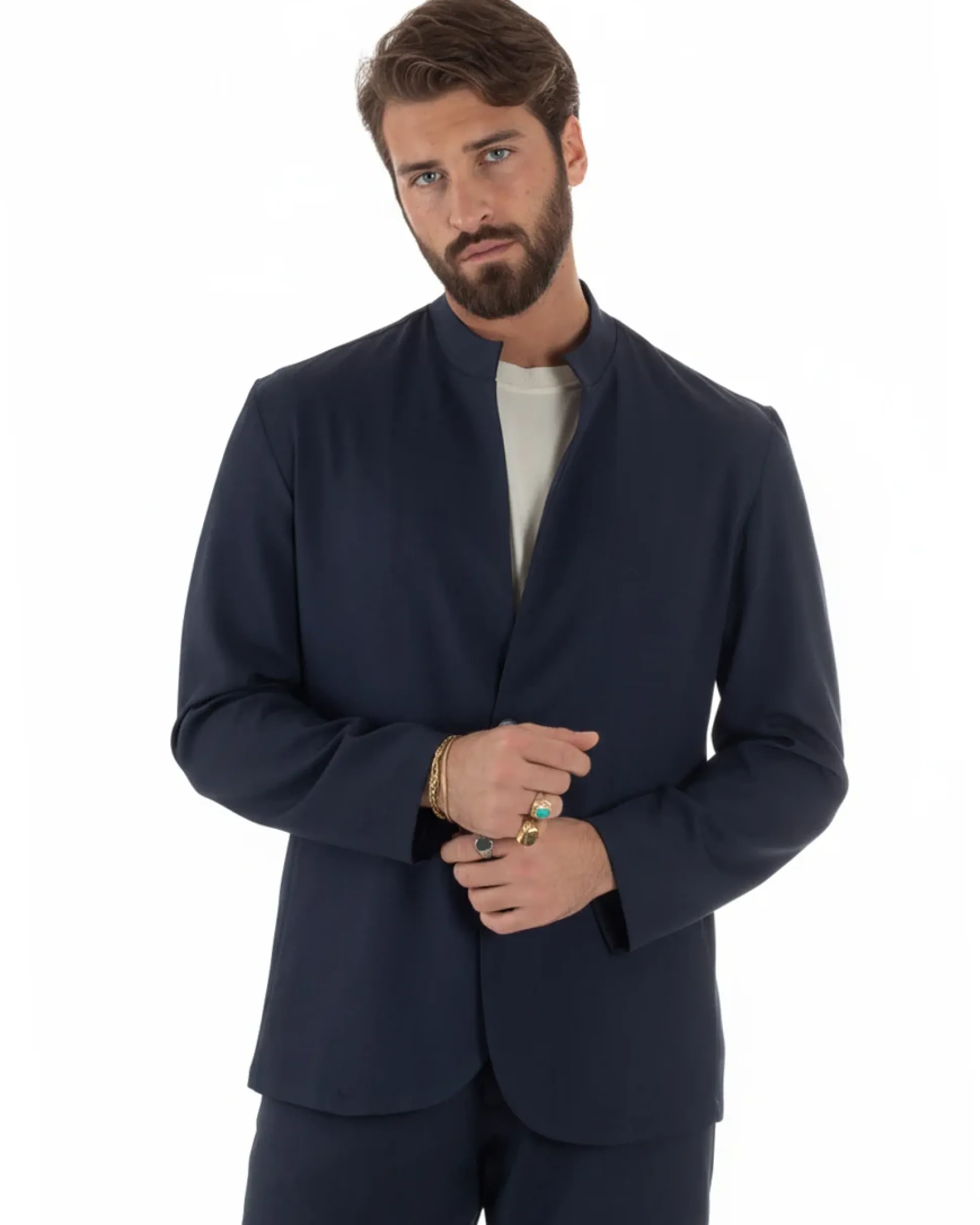 Abito uomo monopetto giacca coreana pantaloni abbottonatura allungata blu GIOSAL-AE1219A