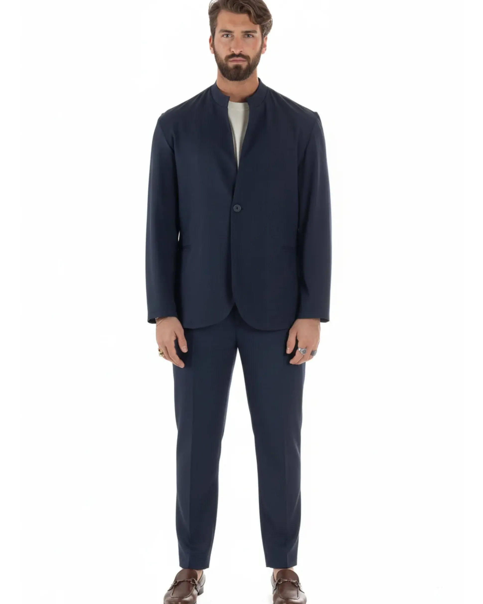 Abito uomo monopetto giacca coreana pantaloni abbottonatura allungata blu GIOSAL-AE1219A