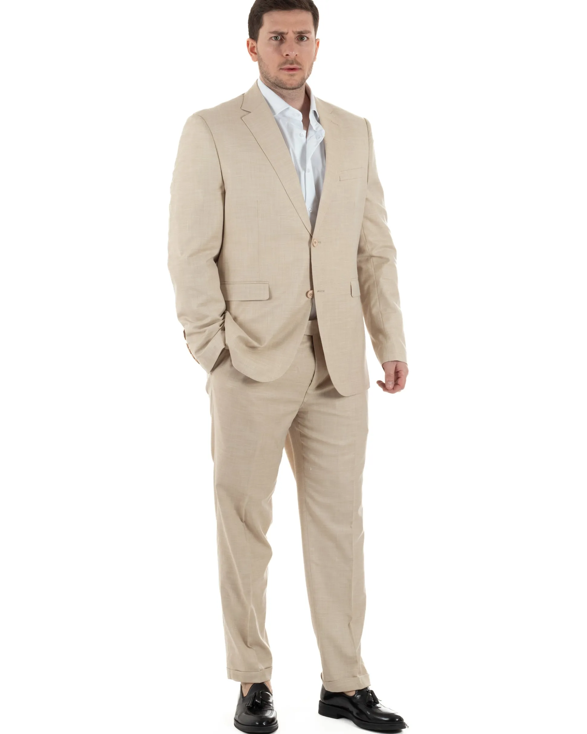 Abito Uomo Monopetto Vestito Viscosa Completo Taglie Comode Beige Melangiato TCAE1006A