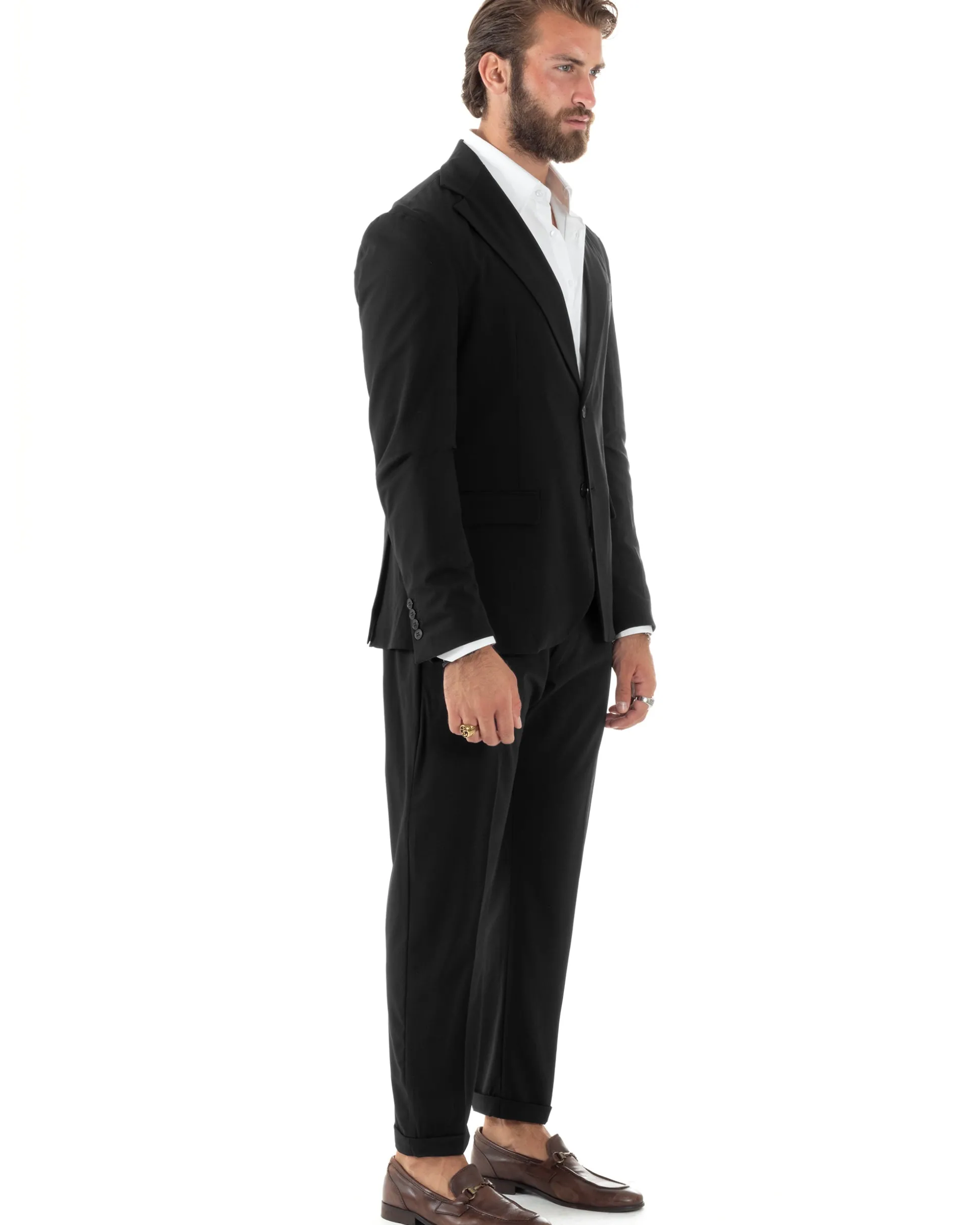 Abito Uomo Monopetto Vestito Viscosa Completo Giacca Pantaloni Elegante Casual Tinta Unita Nero GIOSAL-AE1079A