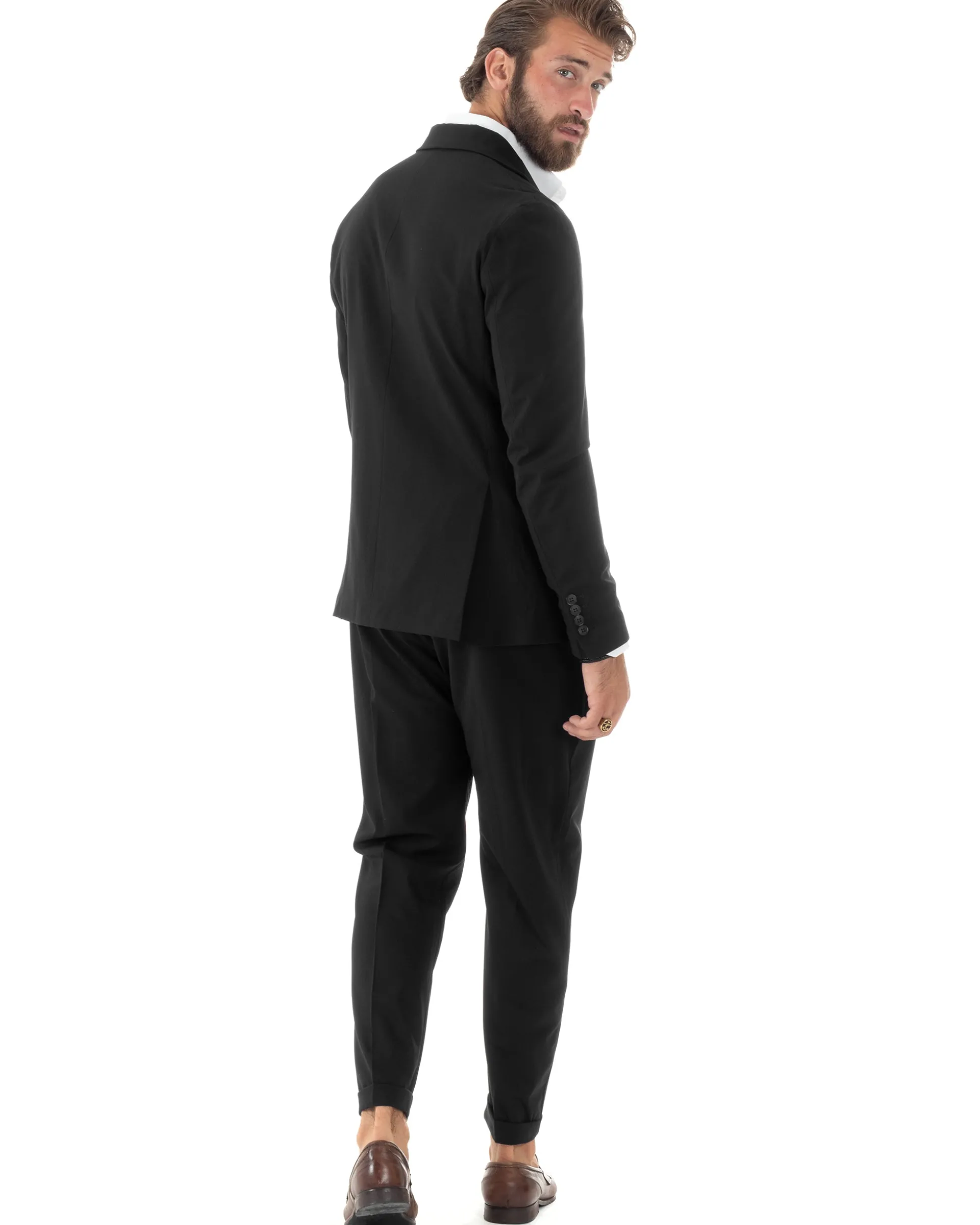 Abito Uomo Monopetto Vestito Viscosa Completo Giacca Pantaloni Elegante Casual Tinta Unita Nero GIOSAL-AE1079A