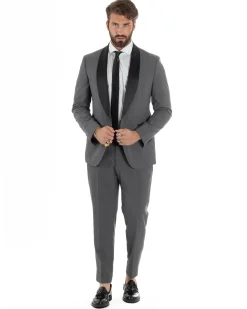 Abito uomo monopetto vestito completo smoking rever sciallato raso grigio scuro GIOSAL-AE1212A