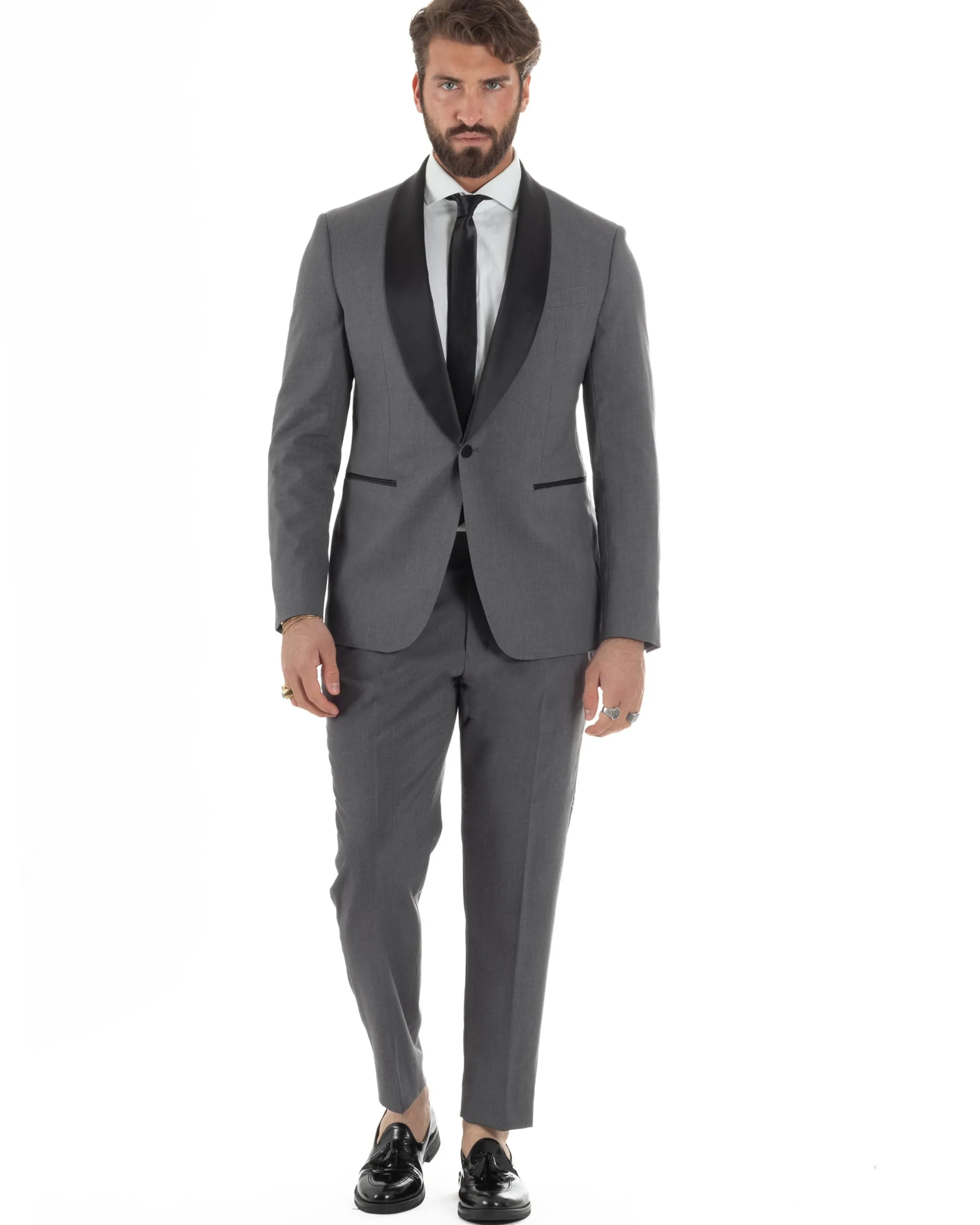 Abito uomo monopetto vestito completo smoking rever sciallato raso grigio scuro GIOSAL-AE1212A