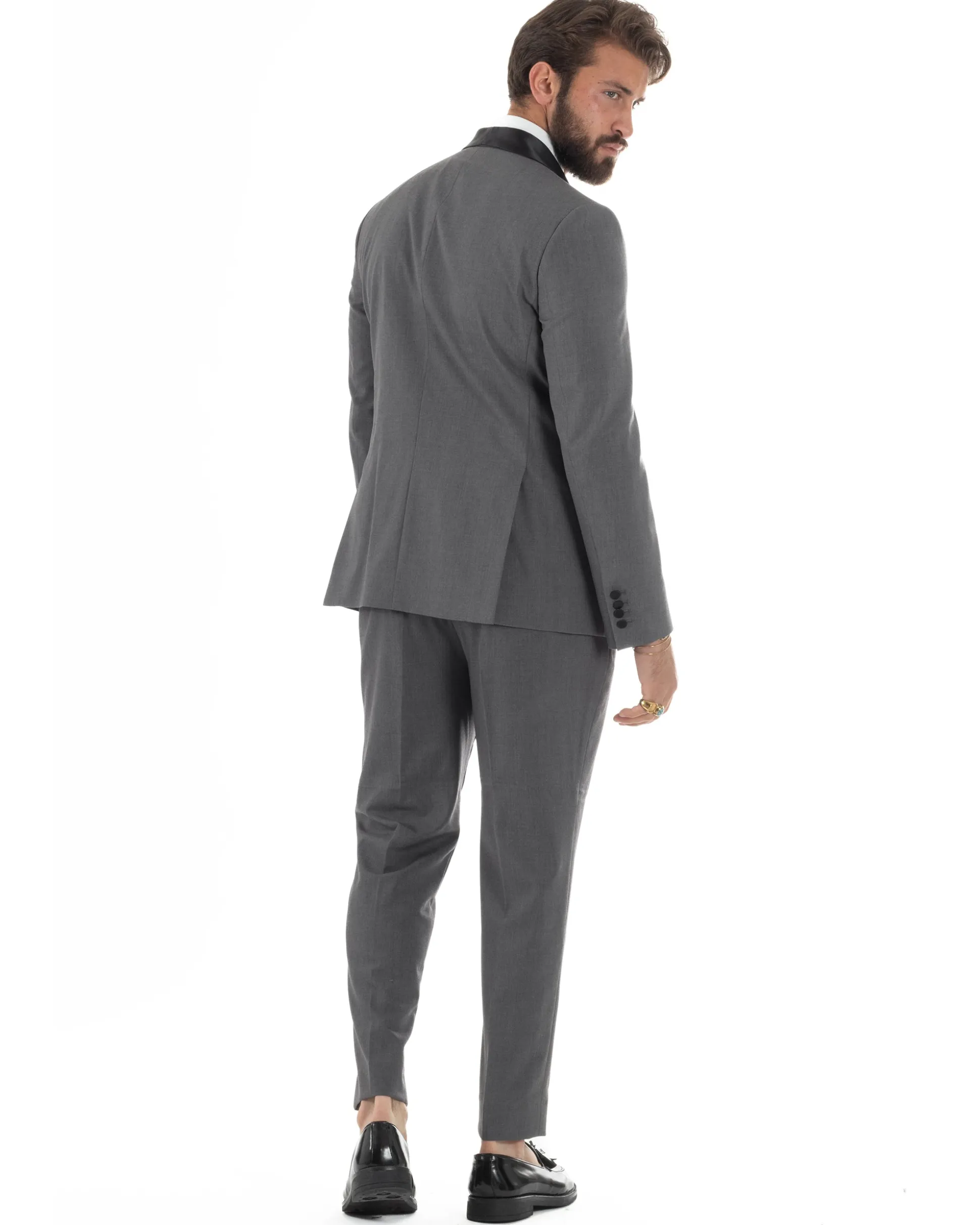 Abito uomo monopetto vestito completo smoking rever sciallato raso grigio scuro GIOSAL-AE1212A