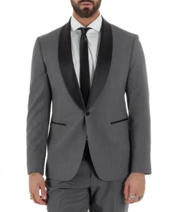 Abito uomo monopetto vestito completo smoking rever sciallato raso grigio scuro GIOSAL-AE1212A