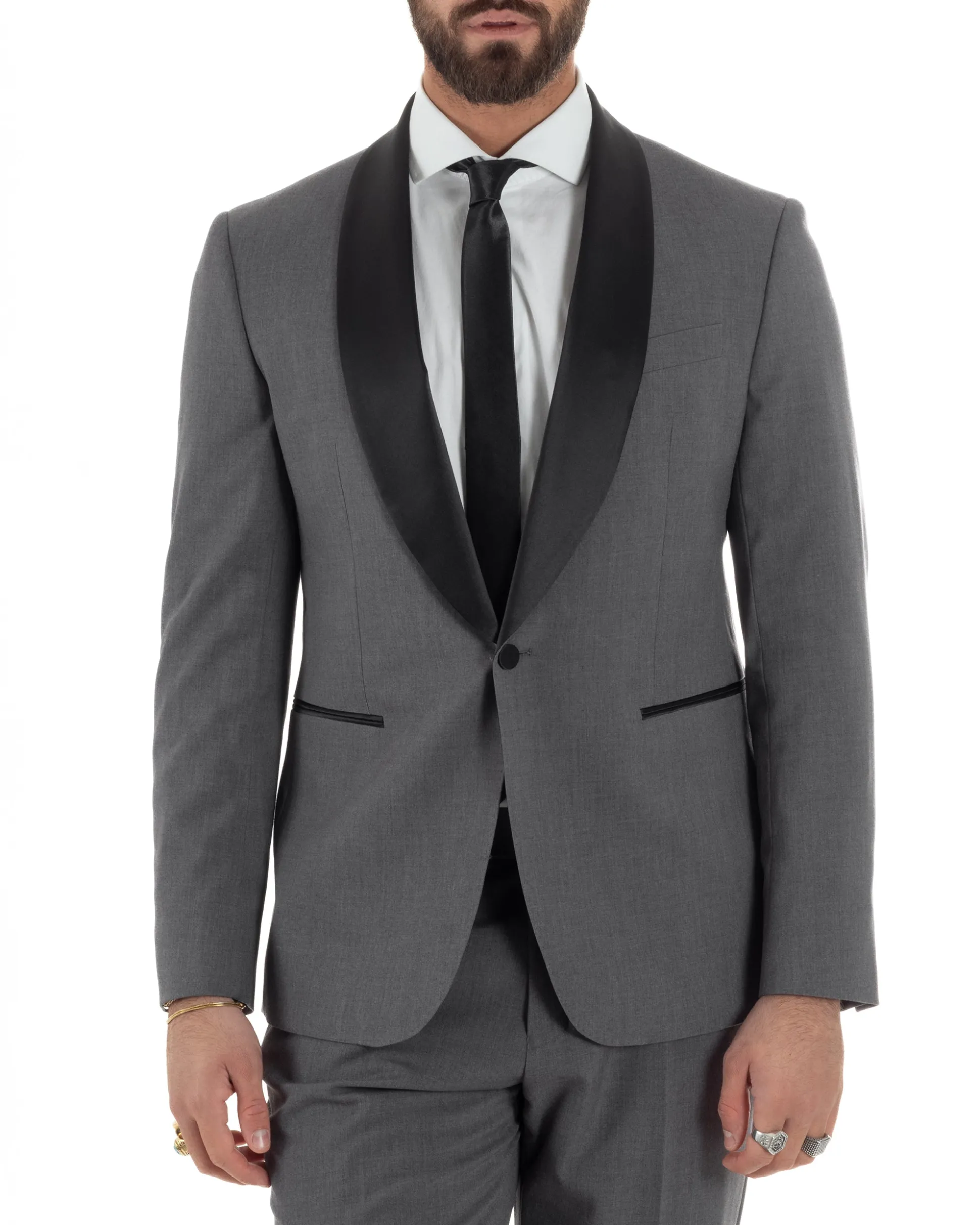 Abito uomo monopetto vestito completo smoking rever sciallato raso grigio scuro GIOSAL-AE1212A