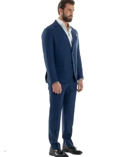 Abito Uomo Monopetto Vestito Gessato Giacca Con Pochette Pantaloni Completo Elegante Blu GIOSAL-AE1108A