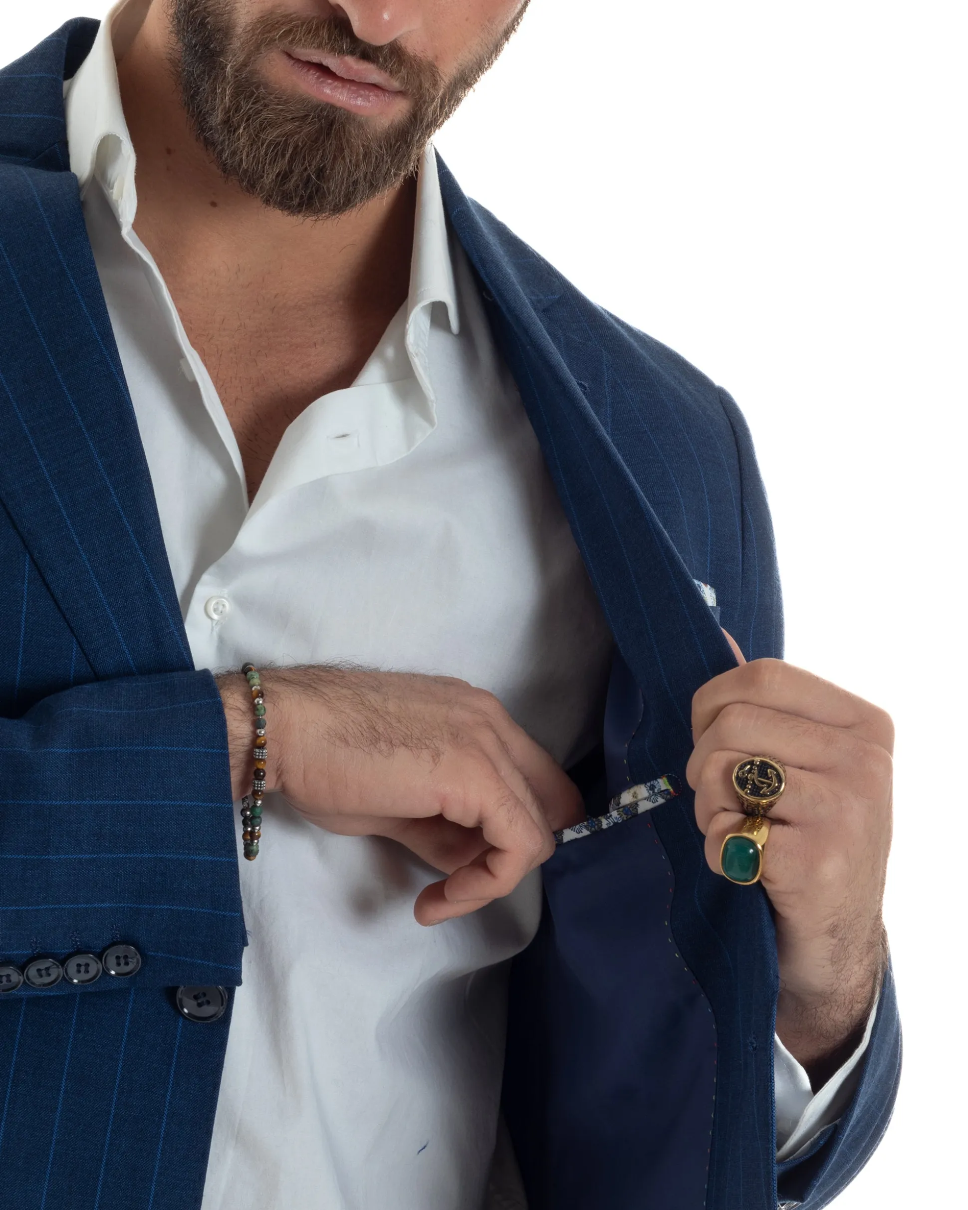 Abito Uomo Monopetto Vestito Gessato Giacca Con Pochette Pantaloni Completo Elegante Blu GIOSAL-AE1108A
