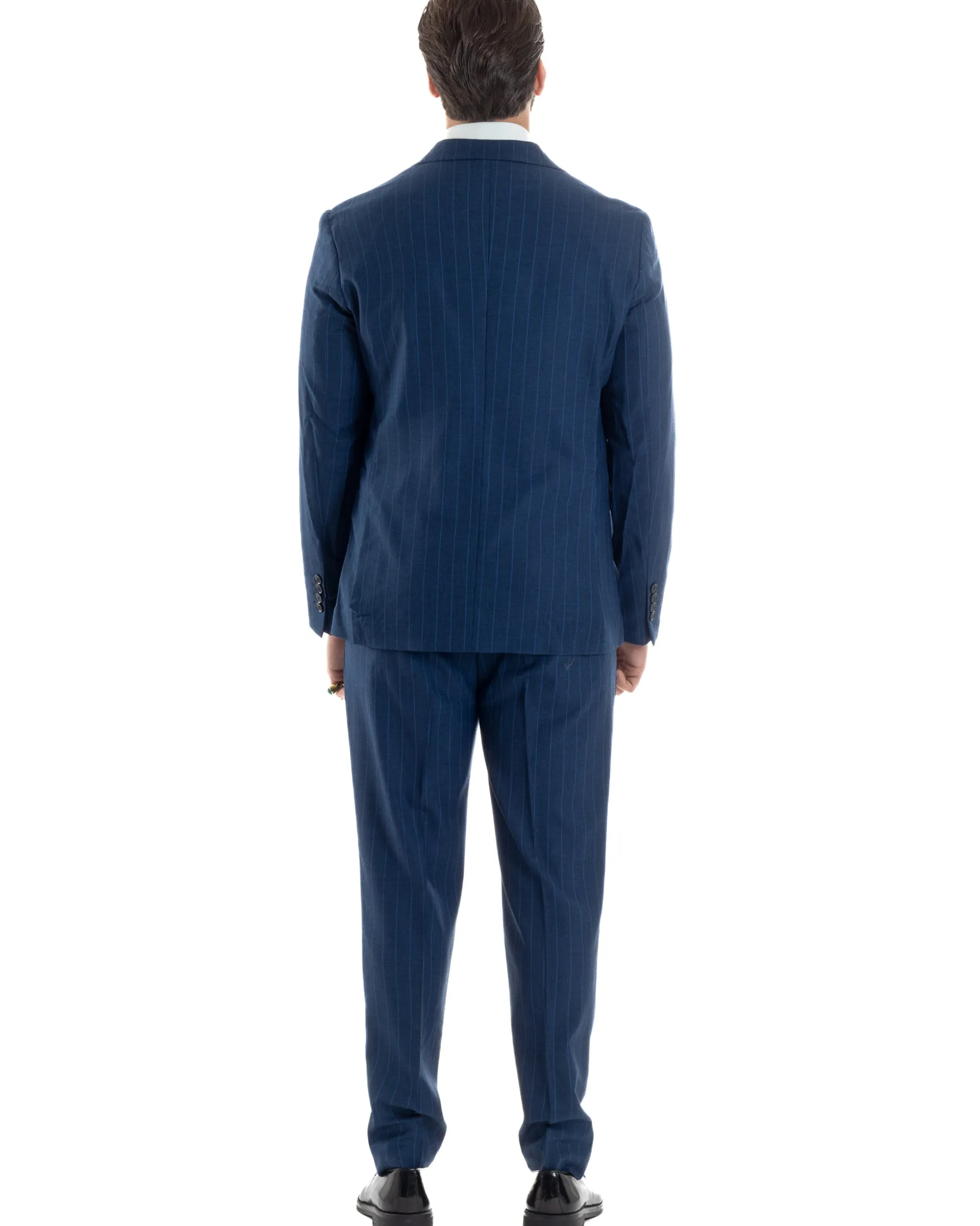Abito Uomo Monopetto Vestito Gessato Giacca Con Pochette Pantaloni Completo Elegante Blu GIOSAL-AE1108A