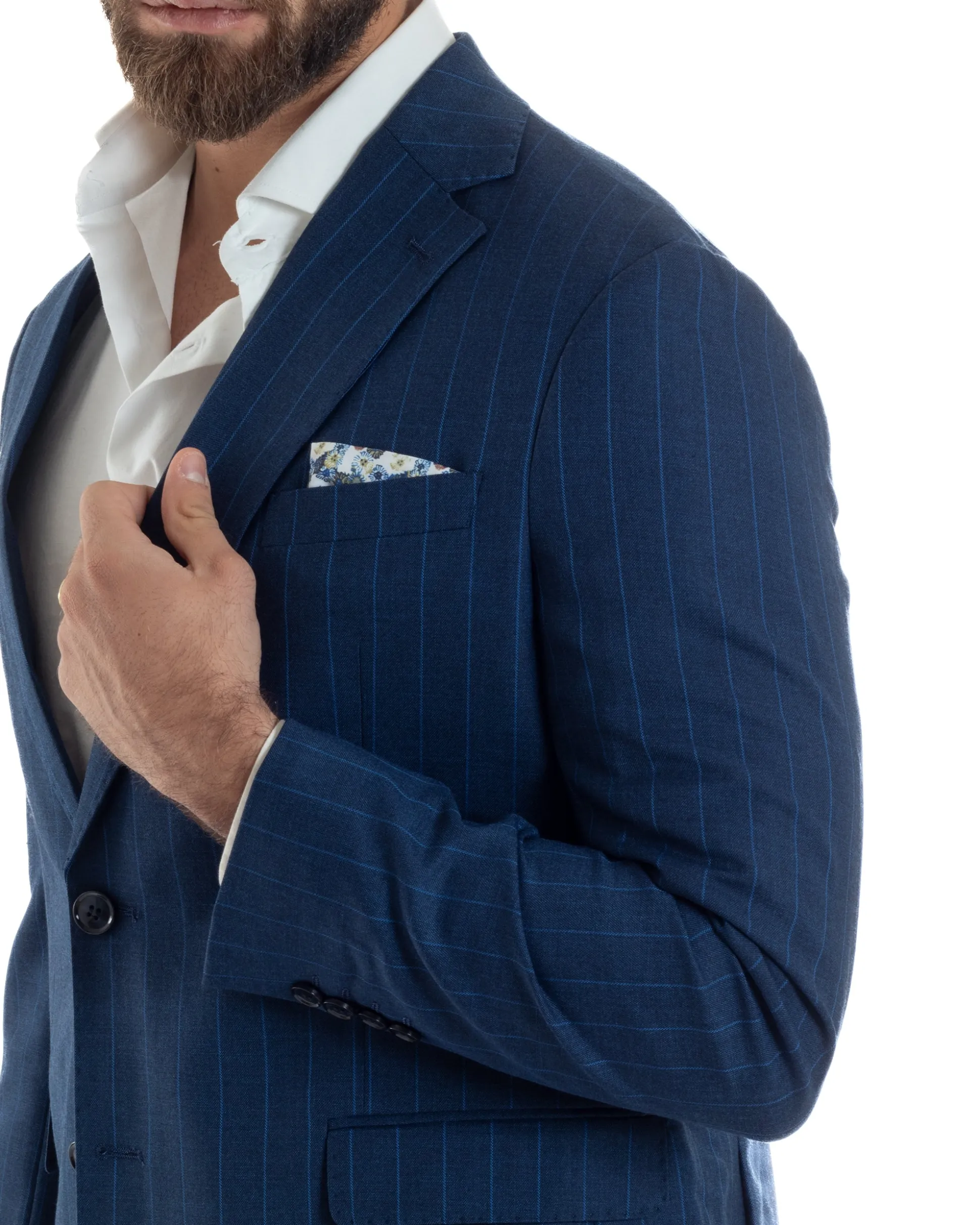 Abito Uomo Monopetto Vestito Gessato Giacca Con Pochette Pantaloni Completo Elegante Blu GIOSAL-AE1108A