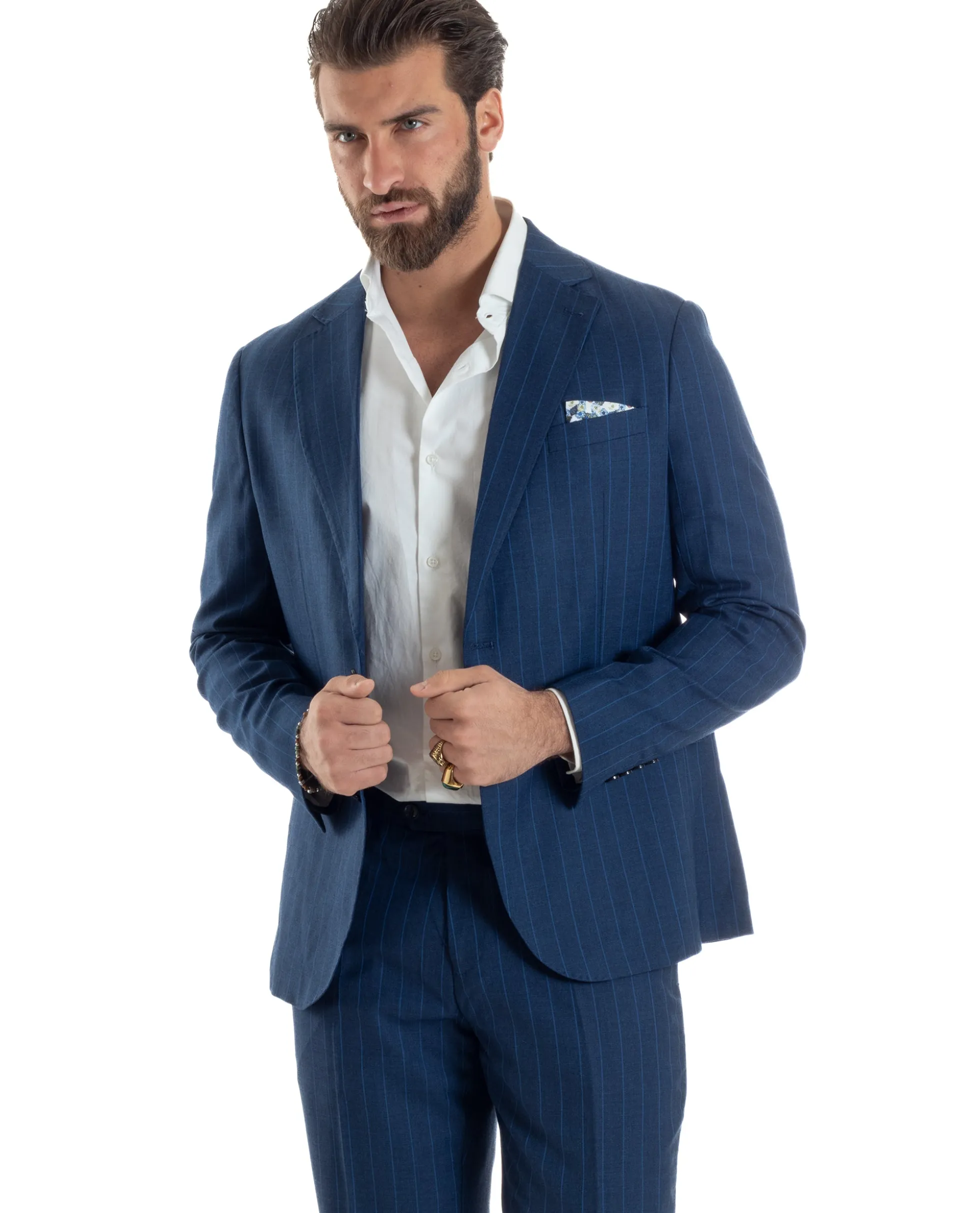 Abito Uomo Monopetto Vestito Gessato Giacca Con Pochette Pantaloni Completo Elegante Blu GIOSAL-AE1108A