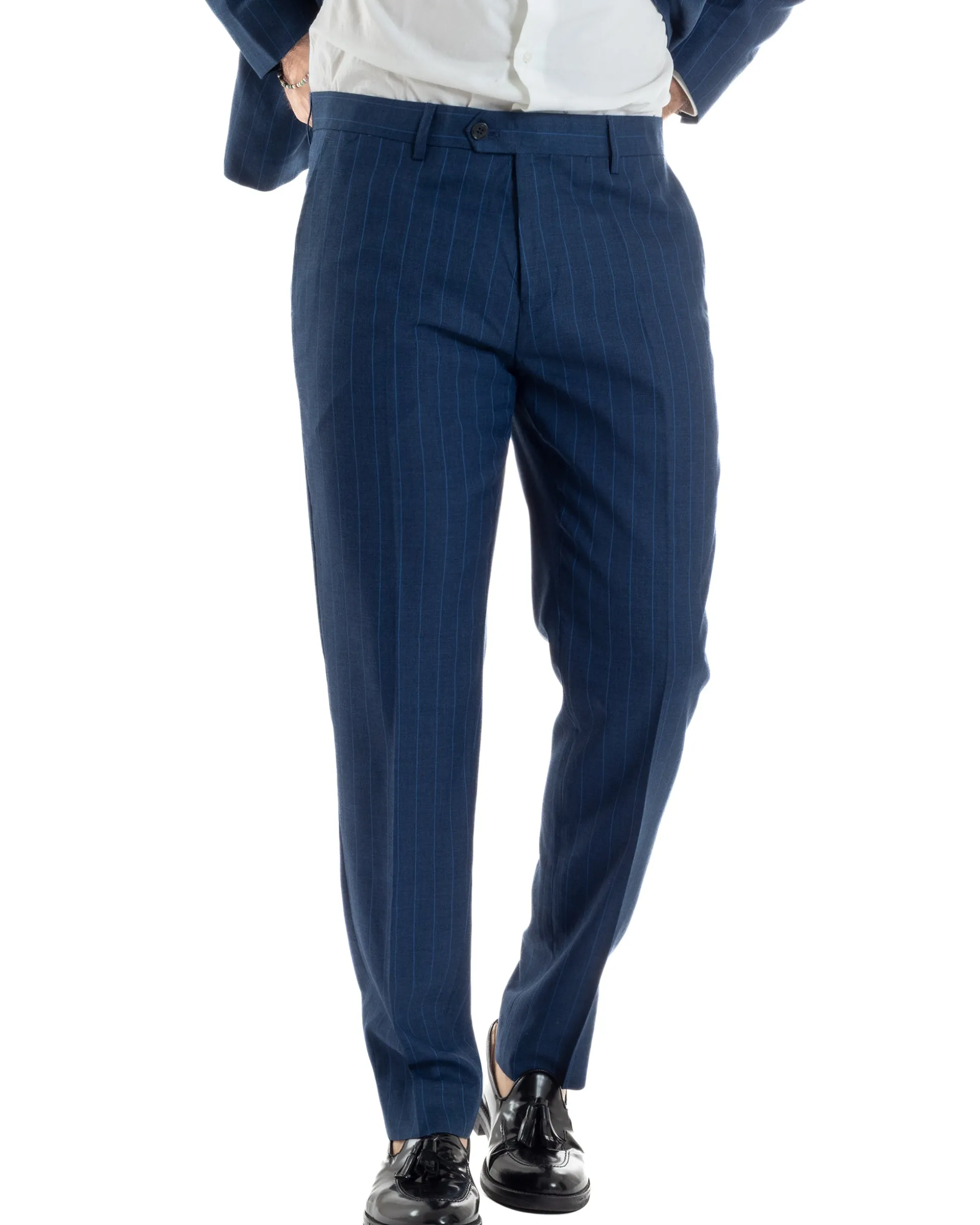 Abito Uomo Monopetto Vestito Gessato Giacca Con Pochette Pantaloni Completo Elegante Blu GIOSAL-AE1108A