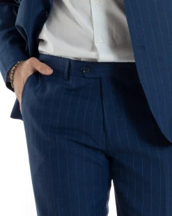 Abito Uomo Monopetto Vestito Gessato Giacca Con Pochette Pantaloni Completo Elegante Blu GIOSAL-AE1108A