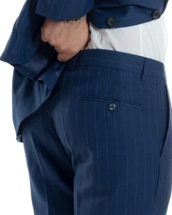 Abito Uomo Monopetto Vestito Gessato Giacca Con Pochette Pantaloni Completo Elegante Blu GIOSAL-AE1108A