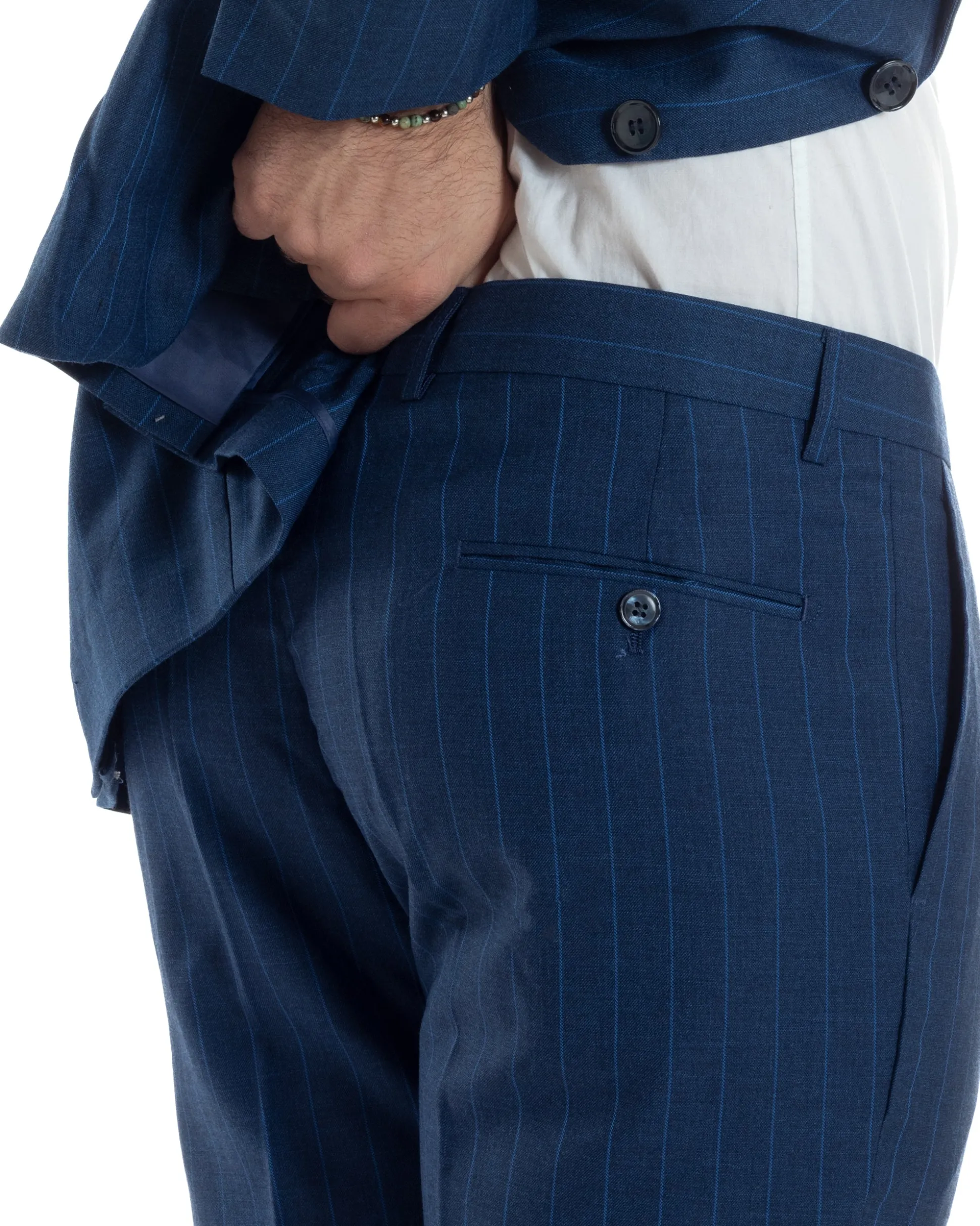 Abito Uomo Monopetto Vestito Gessato Giacca Con Pochette Pantaloni Completo Elegante Blu GIOSAL-AE1108A
