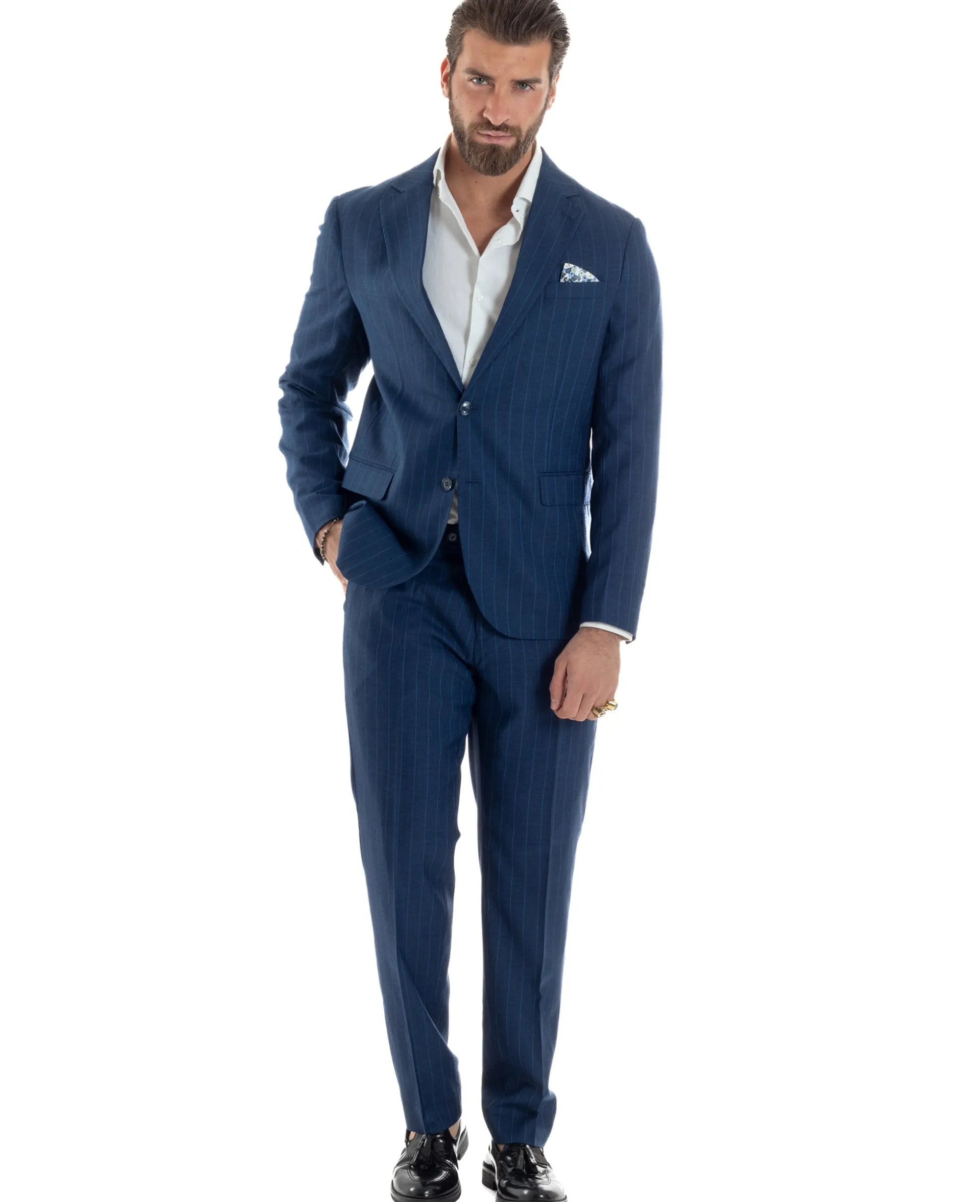 Abito Uomo Monopetto Vestito Gessato Giacca Con Pochette Pantaloni Completo Elegante Blu GIOSAL-AE1108A