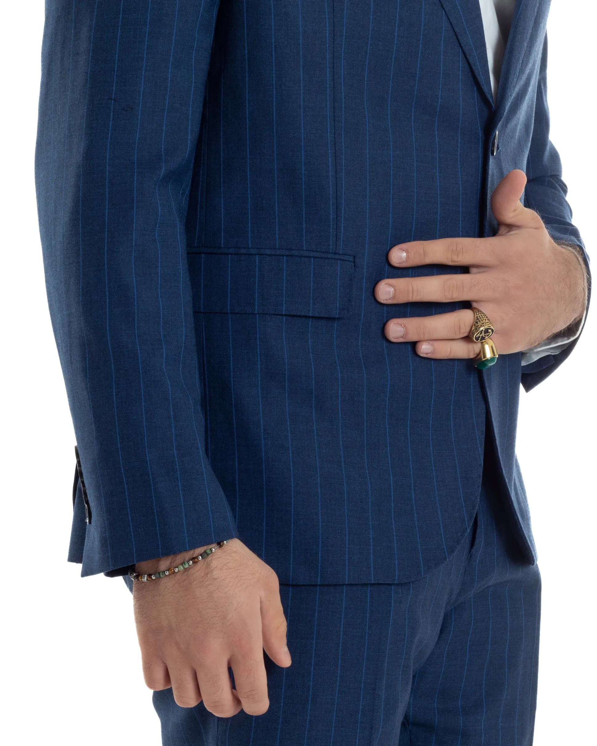Abito Uomo Monopetto Vestito Gessato Giacca Con Pochette Pantaloni Completo Elegante Blu GIOSAL-AE1108A