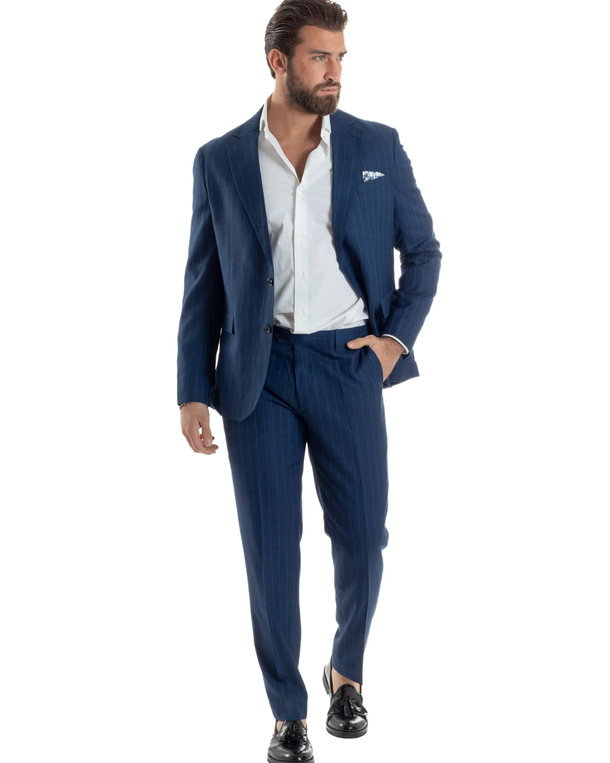 Abito Uomo Monopetto Vestito Gessato Giacca Con Pochette Pantaloni Completo Elegante Blu GIOSAL-AE1108A