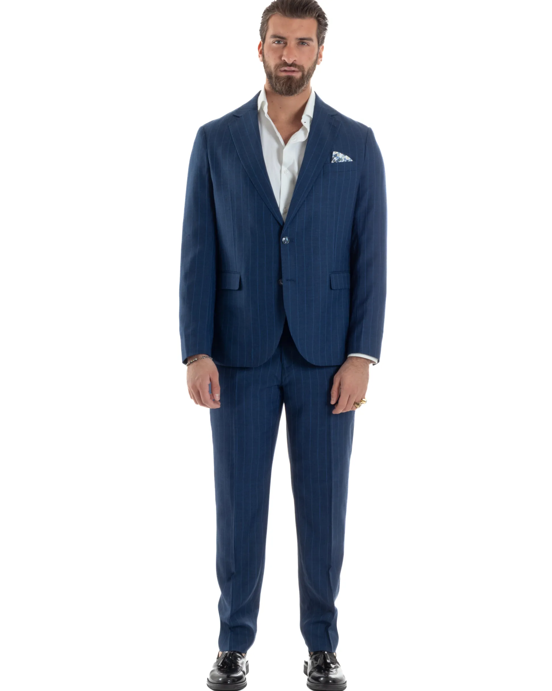 Abito Uomo Monopetto Vestito Gessato Giacca Con Pochette Pantaloni Completo Elegante Blu GIOSAL-AE1108A