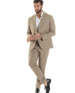 Abito Uomo Monopetto Vestito Gessato Giacca Con Pochette Pantaloni Completo Elegante Beige GIOSAL-AE1109A