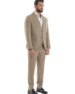 Abito Uomo Monopetto Vestito Gessato Giacca Con Pochette Pantaloni Completo Elegante Beige GIOSAL-AE1109A