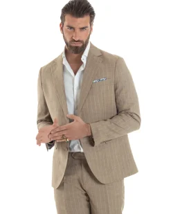 Abito Uomo Monopetto Vestito Gessato Giacca Con Pochette Pantaloni Completo Elegante Beige GIOSAL-AE1109A