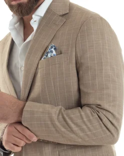 Abito Uomo Monopetto Vestito Gessato Giacca Con Pochette Pantaloni Completo Elegante Beige GIOSAL-AE1109A