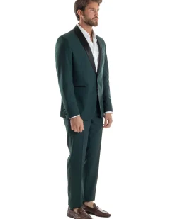 Abito Uomo Monopetto Vestito Completo Giacca Rever Sciallato In Raso Pantaloni Verde AE1153A