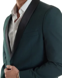 Abito Uomo Monopetto Vestito Completo Giacca Rever Sciallato In Raso Pantaloni Verde AE1153A