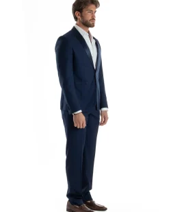 Abito Uomo Monopetto Vestito Completo Giacca Rever Sciallato In Raso Pantaloni Blu AE1152A
