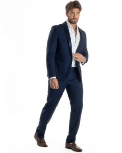 Abito Uomo Monopetto Vestito Completo Giacca Rever Sciallato In Raso Pantaloni Blu AE1152A