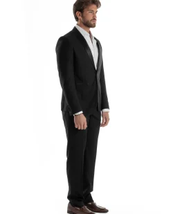 Abito Uomo Monopetto Vestito Completo Giacca Rever Sciallato In Raso Pantaloni Nero AE1154A