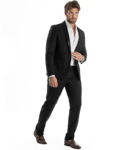 Abito Uomo Monopetto Vestito Completo Giacca Rever Sciallato In Raso Pantaloni Nero AE1154A