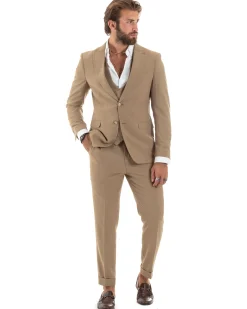 Abito uomo monopetto vestito 3 pezzi completo panciotto camel GIOSAL-AE1096A